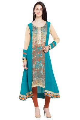 Blue Printed Georgette Stitched Long Kurtis 2