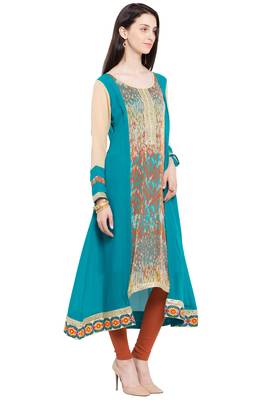 Blue Printed Georgette Stitched Long Kurtis 7
