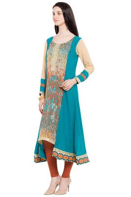 Blue Printed Georgette Stitched Long Kurtis 8