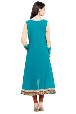 Blue Printed Georgette Stitched Long Kurtis 9