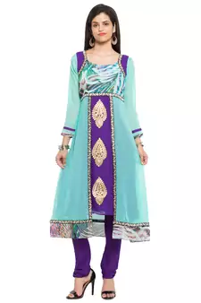 Blue Printed Georgette Stitched Long Kurti