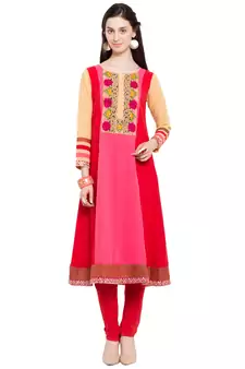 Red Embroidered Georgette Stitched Long Kurti
