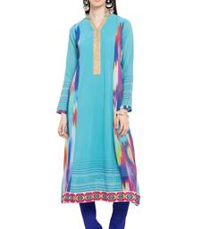 Blue Printed Georgette Stitched Long Kurti