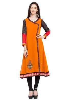 Orange Embroidered Georgette Stitched Long Kurti 2