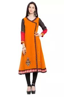 Orange Embroidered Georgette Stitched Long Kurti