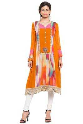 Orange Printed Georgette Stitched Long Kurti 2