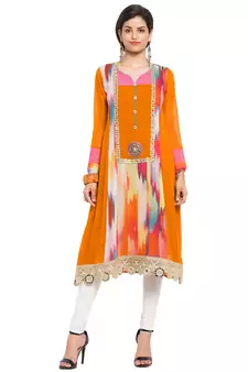 Orange Printed Georgette Stitched Long Kurti