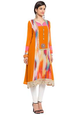 Orange Printed Georgette Stitched Long Kurti 7