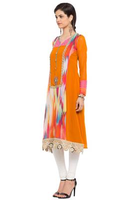 Orange Printed Georgette Stitched Long Kurti 8