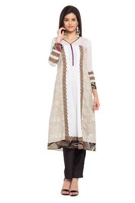 White Printed Cotton Stitched Long Kurti 2