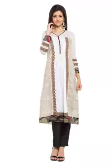White Printed Cotton Stitched Long Kurti