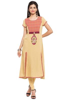 Beige Embroidered Cotton Stitched Long Kurti 2
