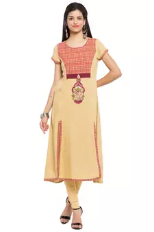 Beige Embroidered Cotton Stitched Long Kurti