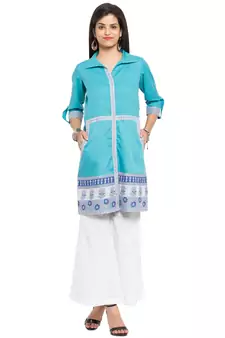 Blue Printed Cotton Stitched Long Kurti