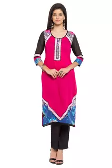 Pink Printed Cotton Stitched Long Kurti