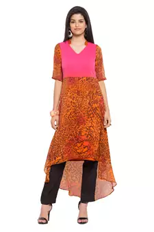 Orange Printed Georgette Stitched Long Kurti