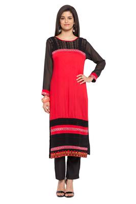Red Plain Cotton Stitched Long Kurti 2