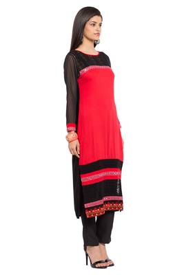 Red Plain Cotton Stitched Long Kurti 7