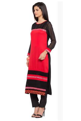 Red Plain Cotton Stitched Long Kurti 8