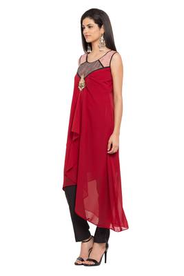 Red Embroidered Georgette Stitched Long Kurti 8