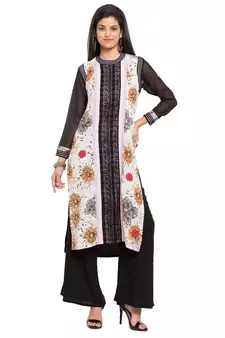White Printed Cotton Stitched Long Kurti