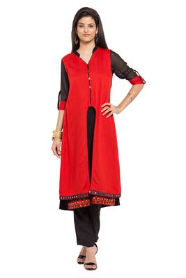 Red Plain Cotton Stitched Long Kurti 2