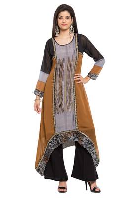 Brown Printed Georgette Stitched Long Kurti 2