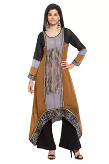 Brown Printed Georgette Stitched Long Kurti