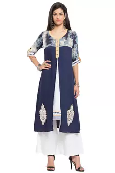Blue Embroidered Cotton Stitched Long Kurti