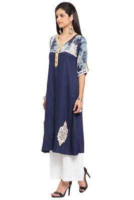 Blue Embroidered Cotton Stitched Long Kurti 8