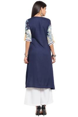 Blue Embroidered Cotton Stitched Long Kurti 9