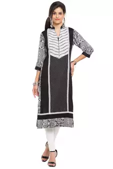 Black Printed Cotton Stitched Long Kurti