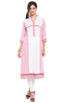 White Printed Cotton Stitched Long Kurtis 2