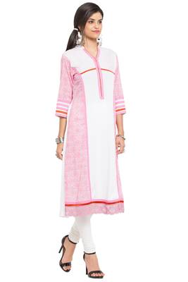 White Printed Cotton Stitched Long Kurtis 7