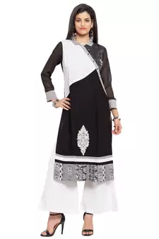 Black Embroidered Cotton Stitched Long Kurti