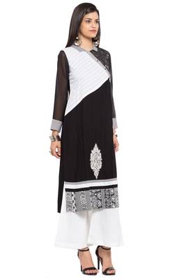 Black Embroidered Cotton Stitched Long Kurti 7