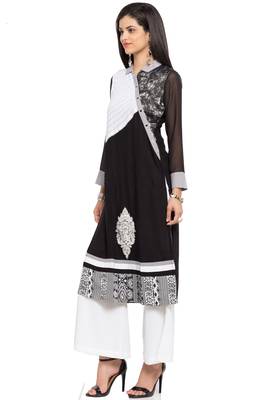 Black Embroidered Cotton Stitched Long Kurti 8