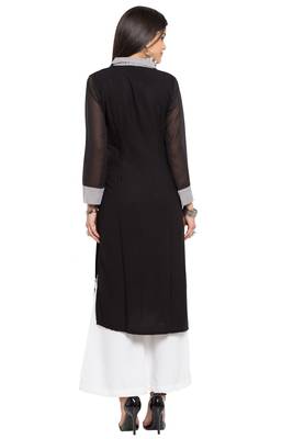 Black Embroidered Cotton Stitched Long Kurti 9