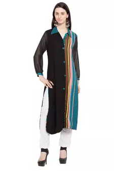 Black Printed Cotton Stitched Long Kurti