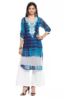 Blue Printed Georgette Stitched Long Kurti