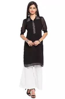 Black Plain Georgette Stitched Long Kurti