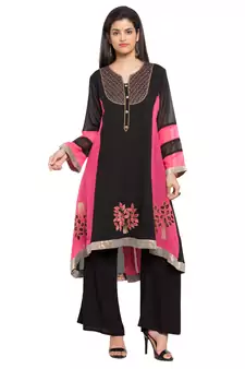 Black Embroidered Georgette Stitched Long Kurti