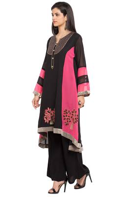 Black Embroidered Georgette Stitched Long Kurti 8
