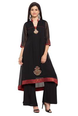 Black Embroidered Georgette Stitched Long Kurti 2