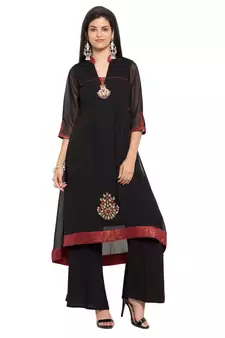 Black Embroidered Georgette Stitched Long Kurti