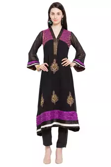 Black Embroidered Georgette Stitched Long Kurti