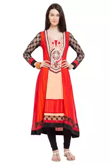 Orange Embroidered Georgette Stitched Long Kurti