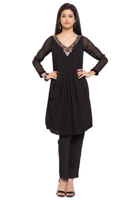 Black Embroidered Georgette Stitched Long Kurti 2