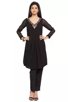 Black Embroidered Georgette Stitched Long Kurti