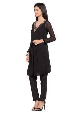 Black Embroidered Georgette Stitched Long Kurti 8